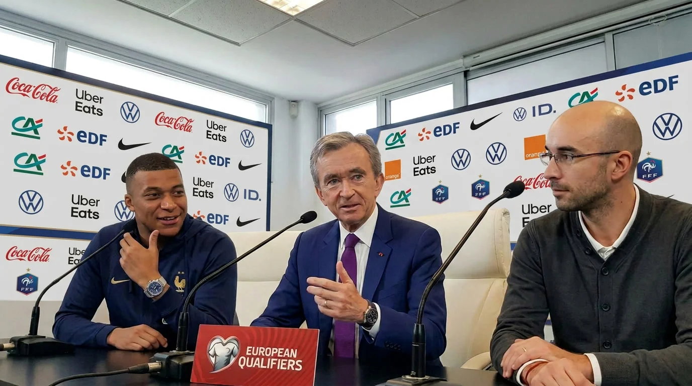 Mbappé, Arnault et Alexandre Lemarié en salle de presse du Stade de France