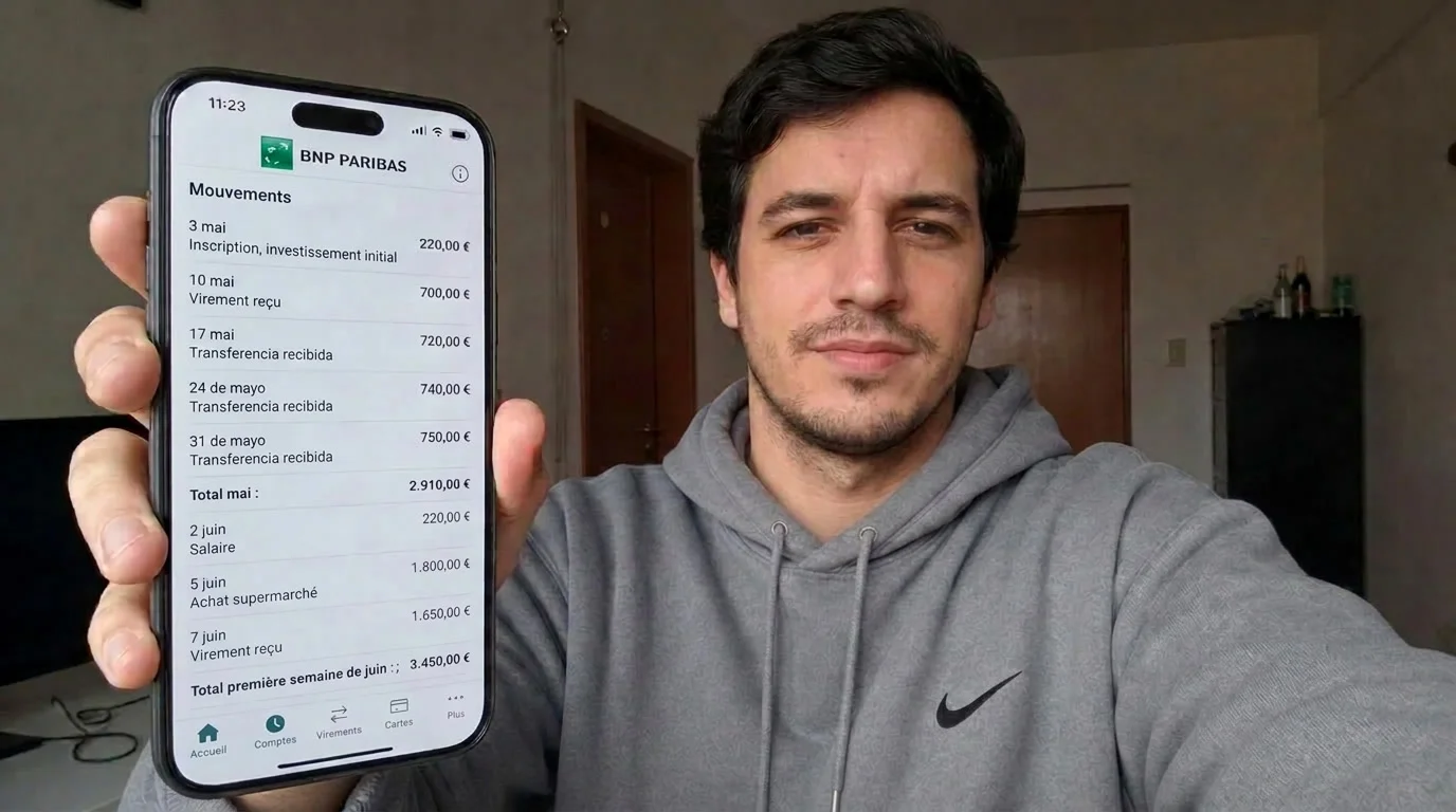 Thomas Moreau montre l’application BNP Paribas avec les virements de BitKeltTrade S.A.